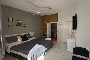 Un dormitorio con cama, ventilador de techo, televisor montado en la pared y puerta que da al baño.