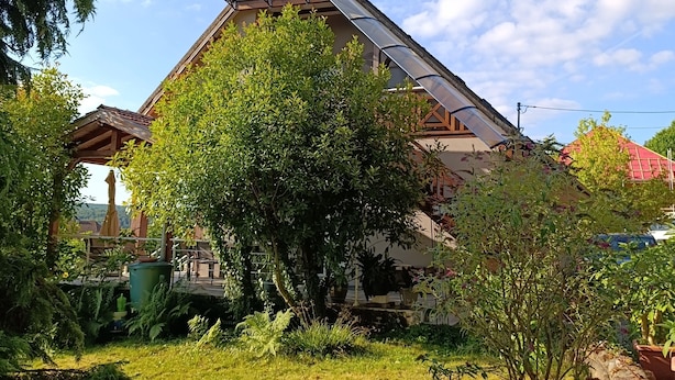 A house with a sloped roof, a pergola, and a garden with various plants and a butterfly sculpture.