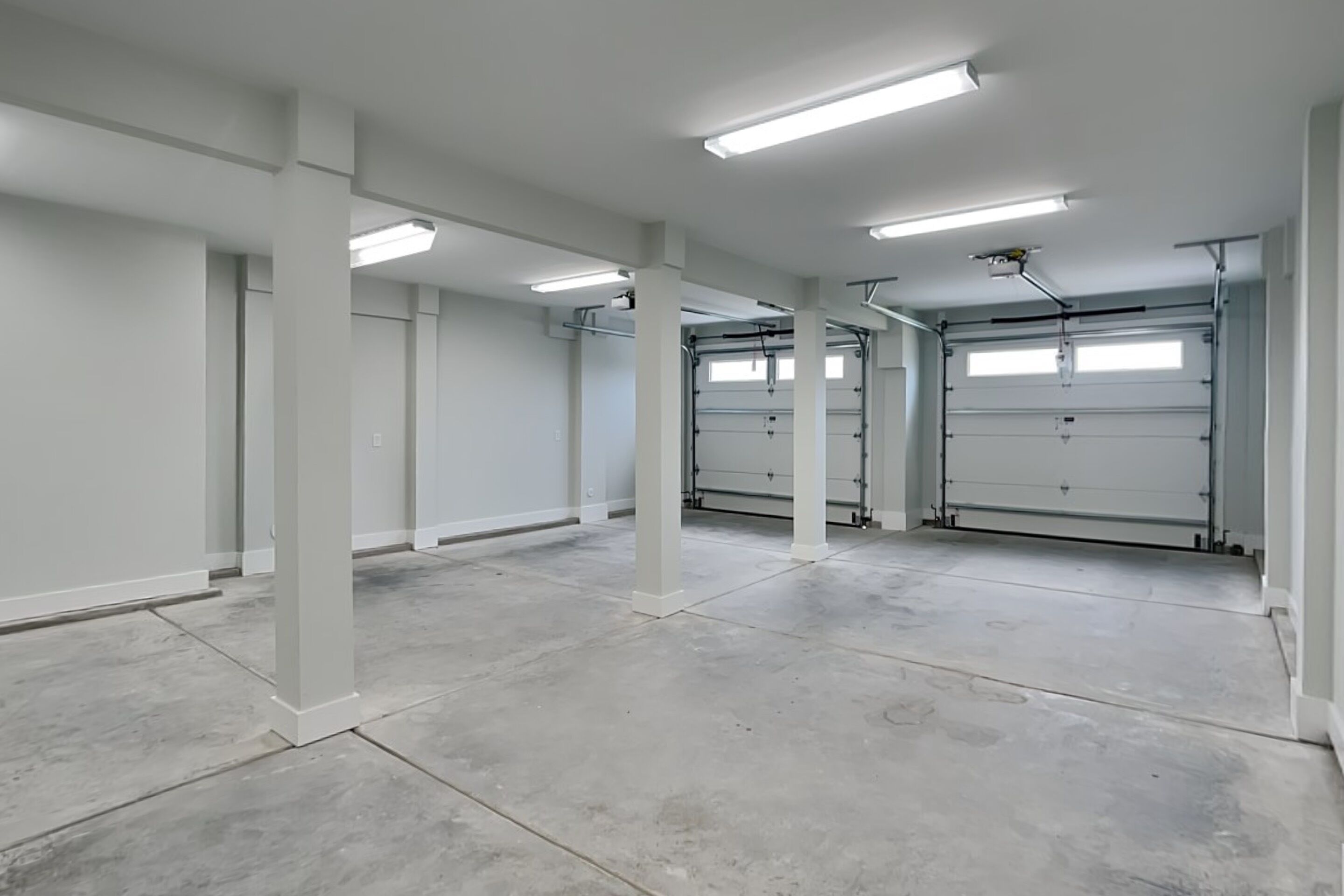 Un garaje espacioso y vacío con pisos de concreto y paredes blancas, que incluye varias puertas de garaje e iluminación fluorescente en el techo.