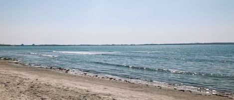 A beach with a sandy shore and calm water.