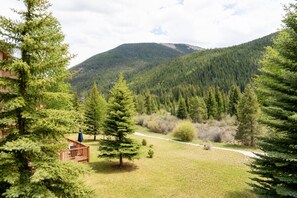 Eine Lodge mit einem Holzhäuschen, umgeben von dichtem Wald und einem Berg im Hintergrund.