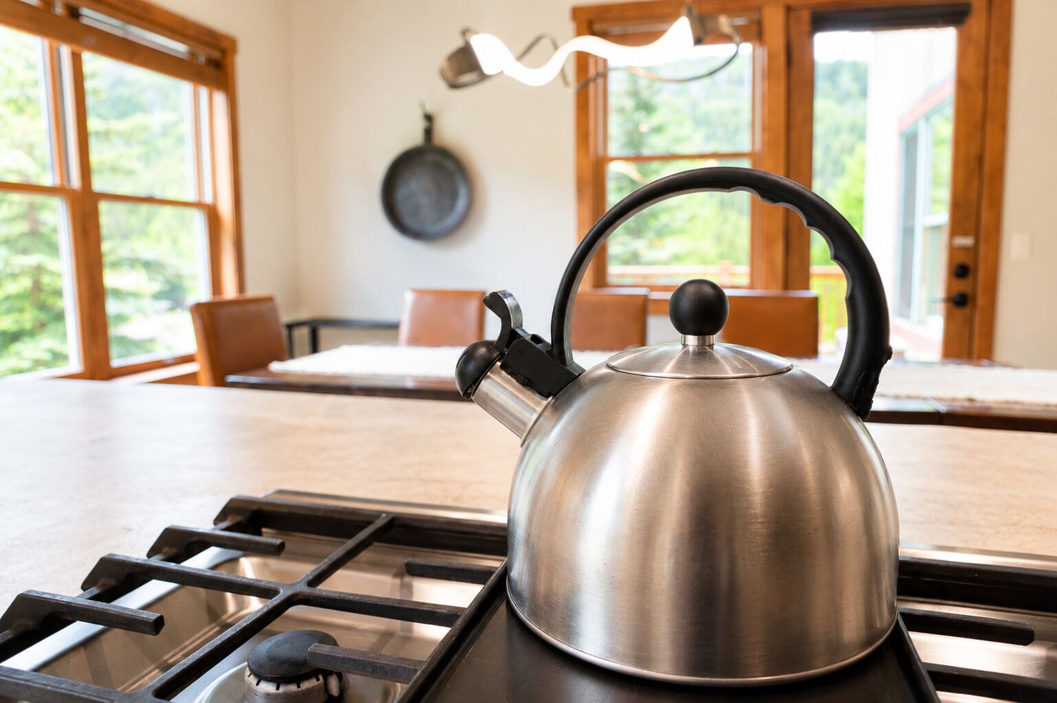 Una tetera de acero inoxidable sobre una hornilla en una cocina con armarios de madera y un ventanal con vistas al verdor.