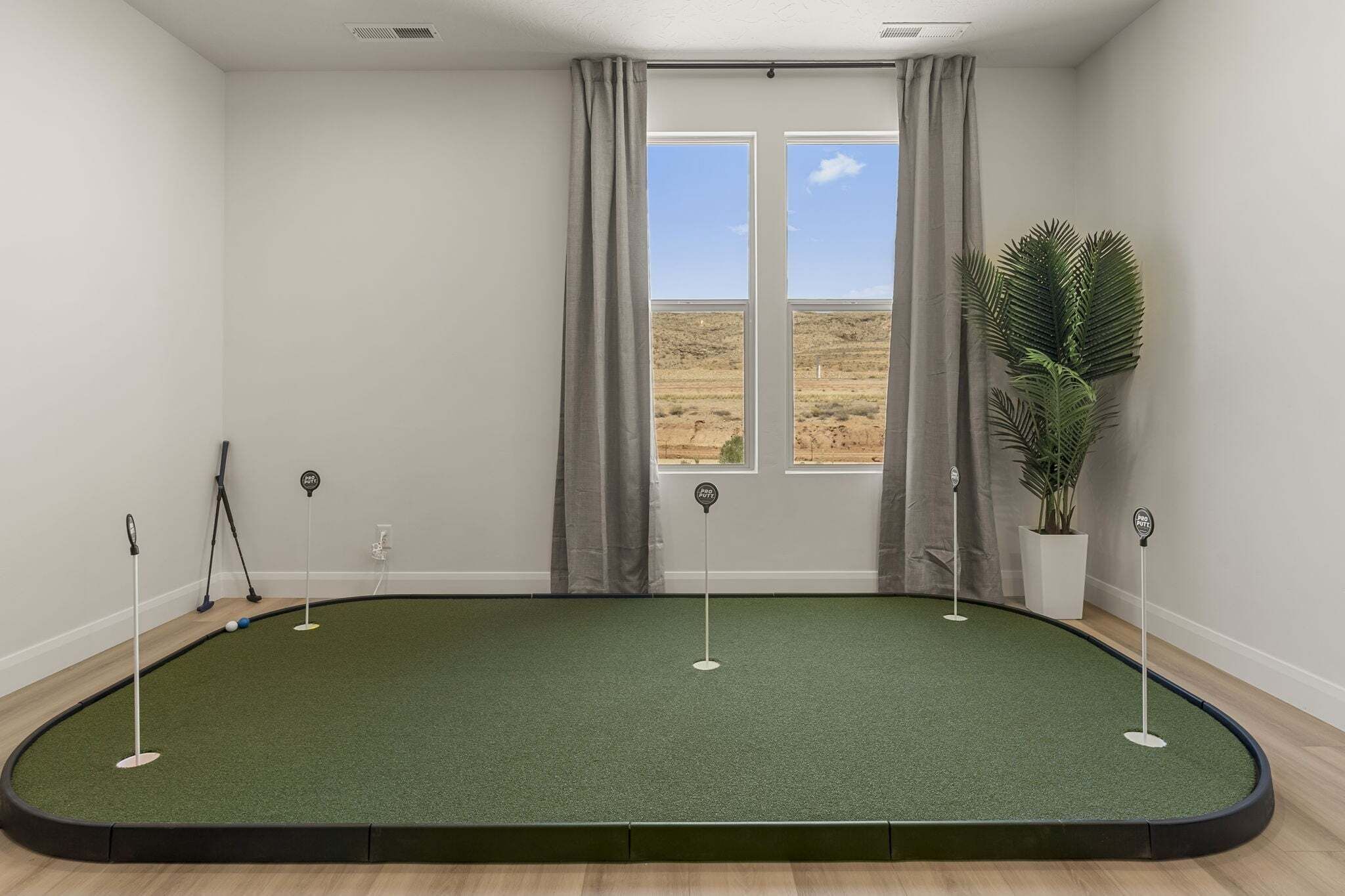 A room with a green artificial turf area, a window with curtains, and a potted plant.