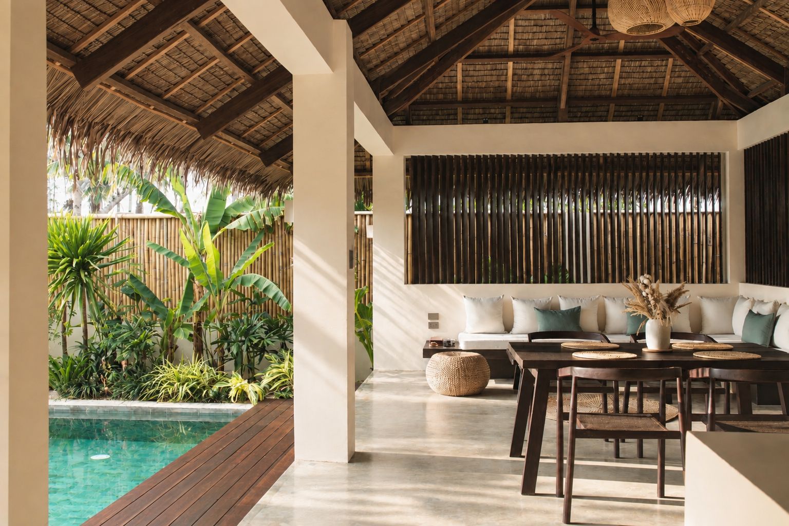 A modern interior with a pool, wooden deck, and a seating area with a sofa and table.