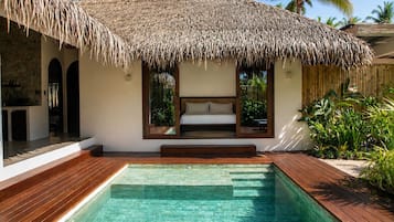 A modern villa with a thatched-roof structure, a private pool, and a bedroom with a view of the pool.