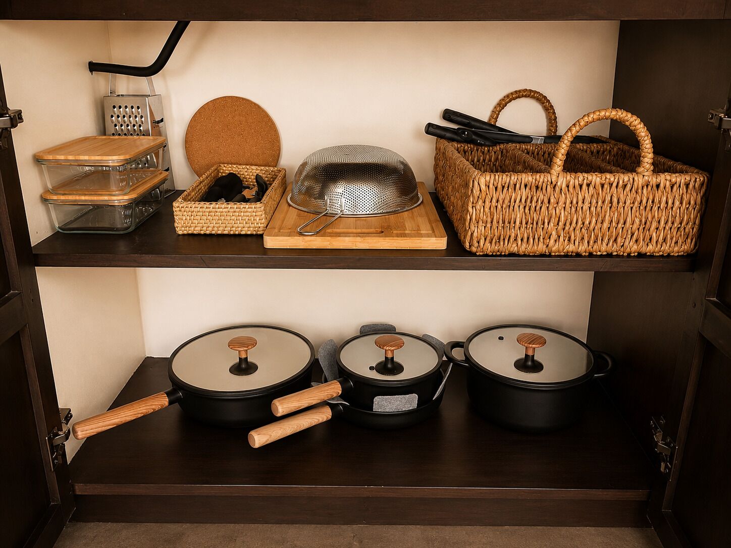 Una repisa de cocina con un rallador, una tabla de cortar de madera, un colador metálico, una cesta tejida y tres ollas con asas de madera.