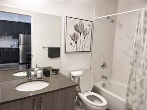 Hair dryer, towels, soap, shampoo