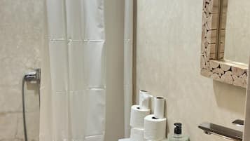 Shower, towels, soap, toilet paper
