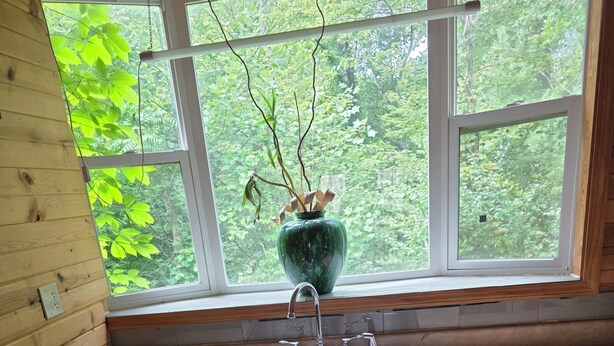 A kitchen with a double sink, wooden cabinets, and a window with a view of greenery. - Marvelous 2-bedroom cabin (Logan)