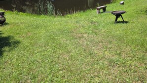 A grassy area with picnic tables and a dock by a calm lake, surrounded by dense trees. - Marvelous 2-bedroom cabin (Logan)
