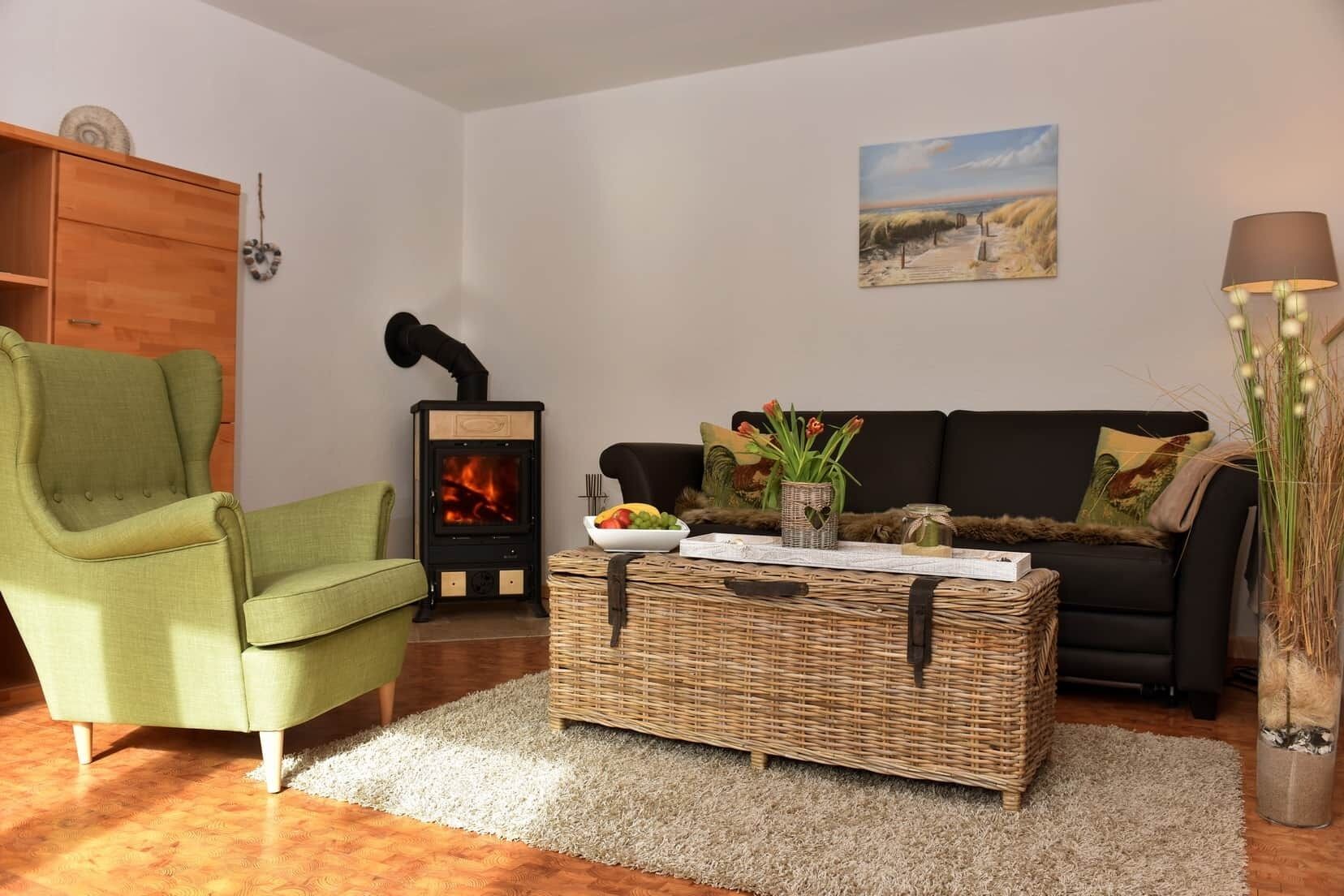 TV, fireplace, books, stereo