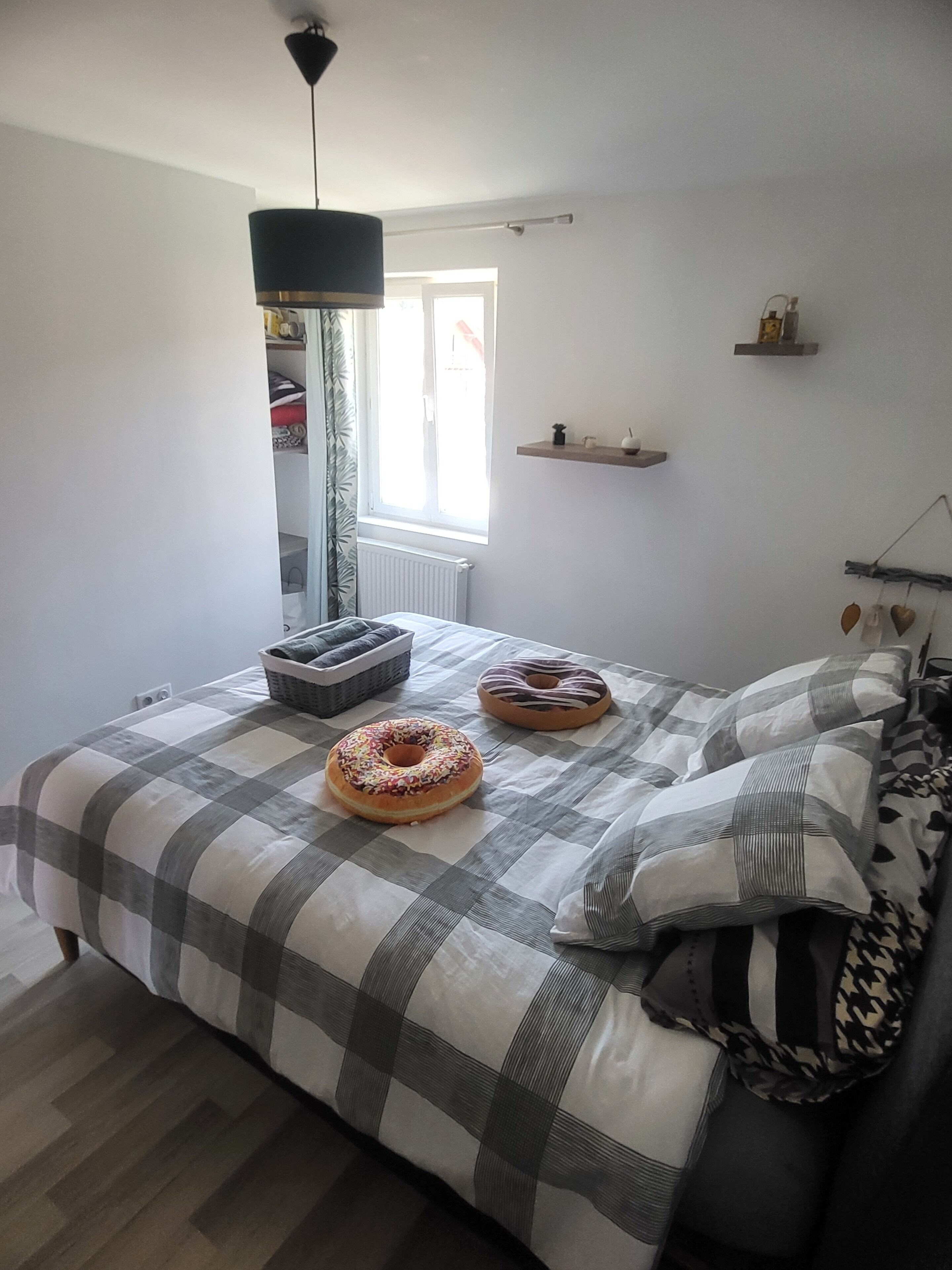 A bedroom with a bed, a hanging light fixture, a window, and a radiator.