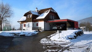 Een twee verdiepingen tellend huis met een garage, een oprit en sneeuw.