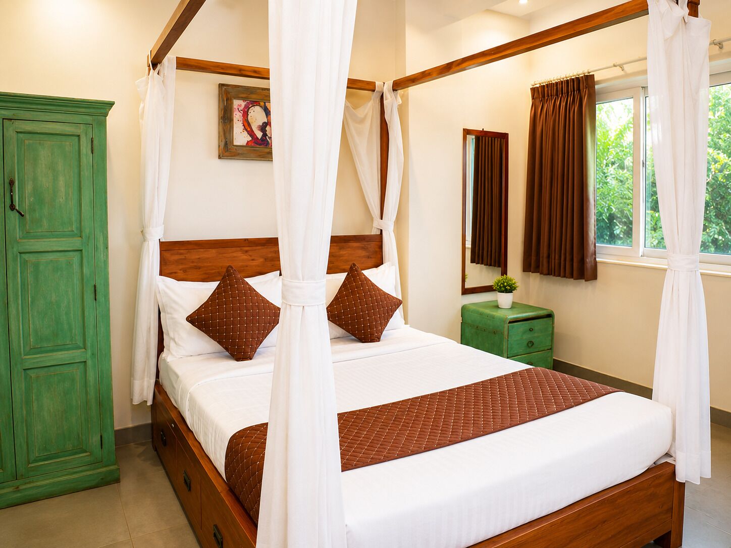 A four-poster bed with white and brown bedding, a green wardrobe, a small bedside table with a plant, and a window with curtains.