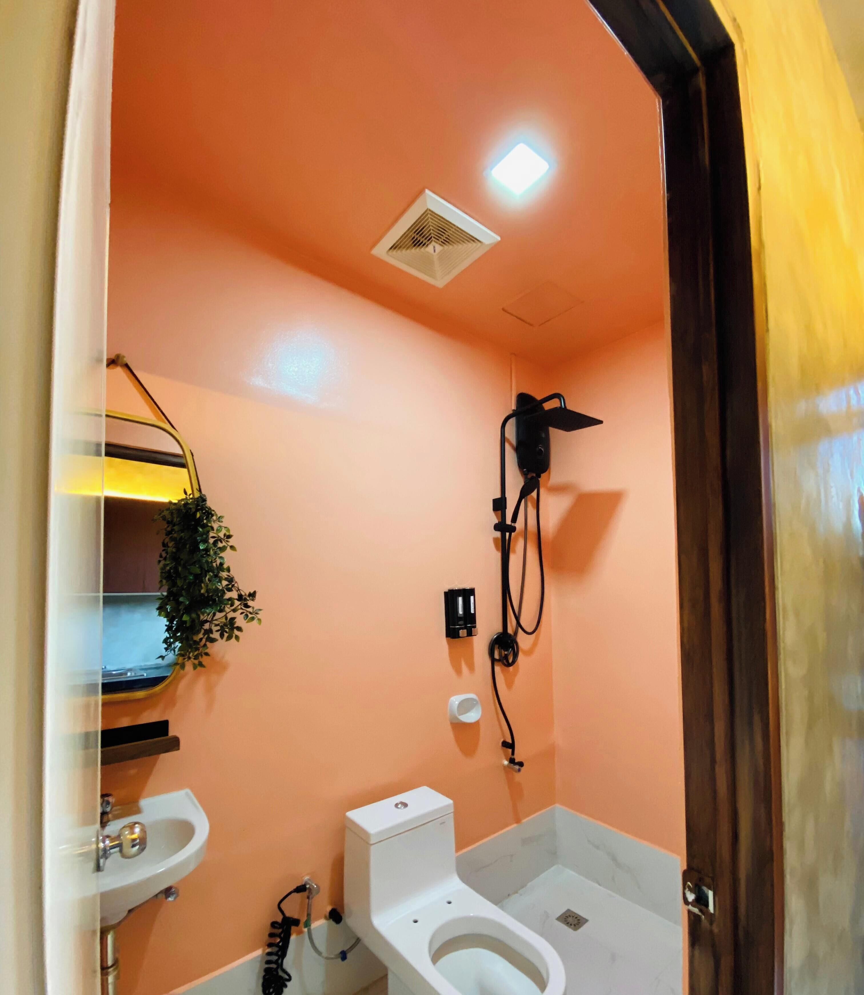 Bidet, towels, soap, toilet paper