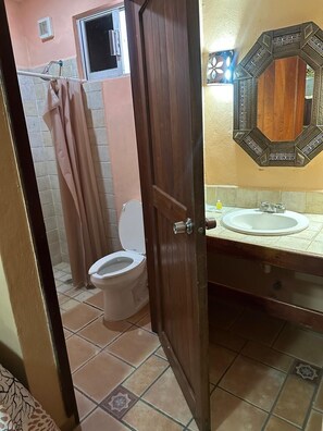 A bathroom with a toilet, sink, and shower area.
