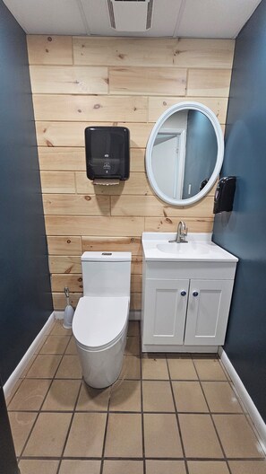 Hair dryer, towels, soap, toilet paper