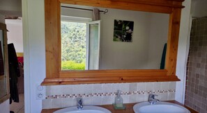 Regadera, secadora de cabello, toallas, papel de baño 