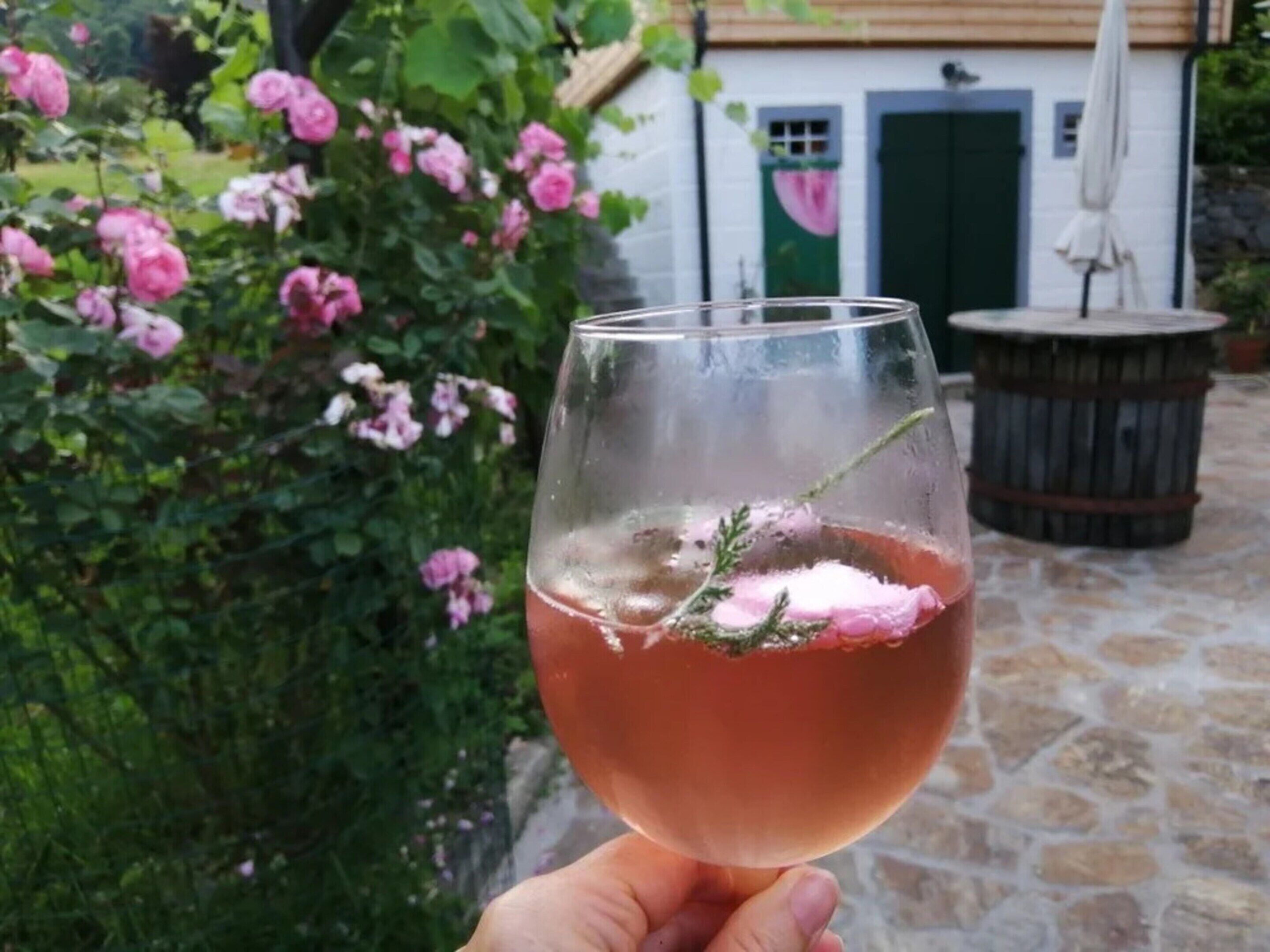 Uma mão segurando um copo com uma bebida rosa, com flores cor-de-rosa e um pátio de pedra ao fundo.