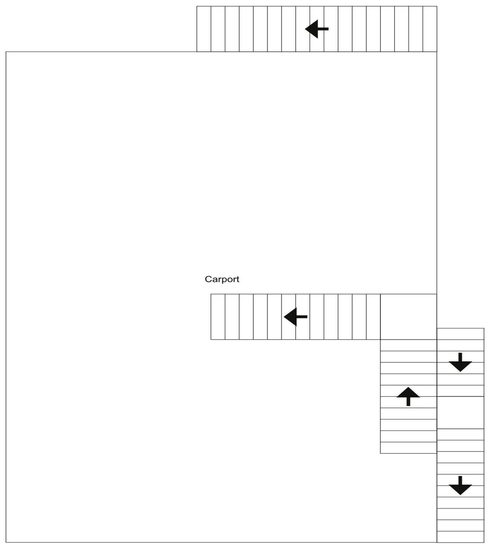 A floor plan with a carport and directional arrows indicating layout.