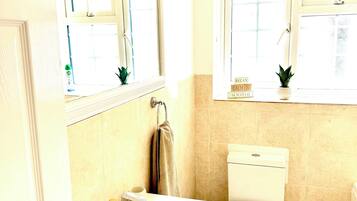 Hair dryer, towels, soap, toilet paper