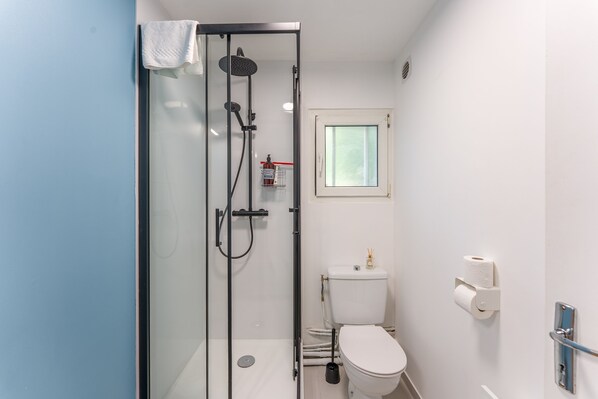 A modern bathroom with a glass-enclosed shower, a toilet, and a window.