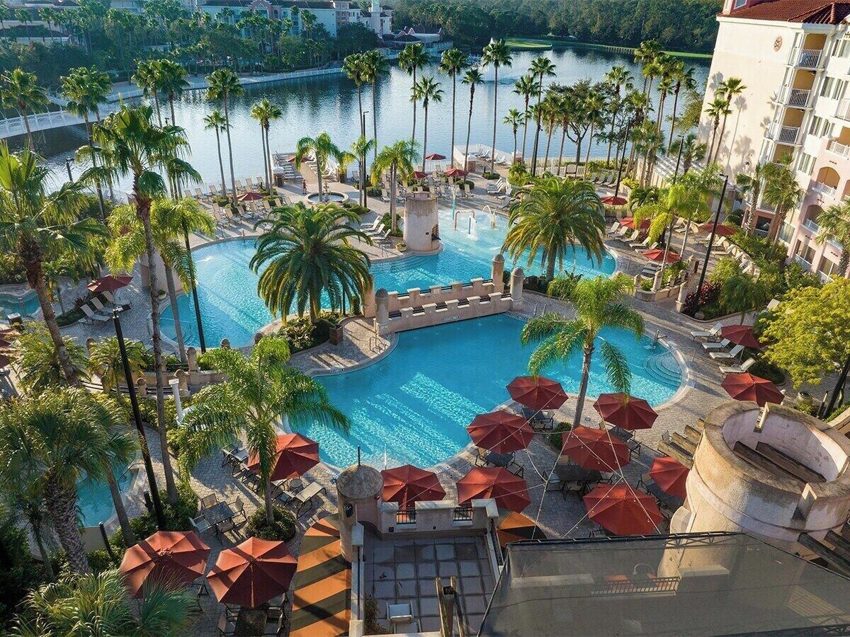 Een zwembad van een resort met palmbomen, ligbedden en parasols.