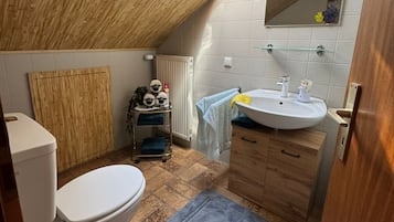 Shower, towels, soap, toilet paper