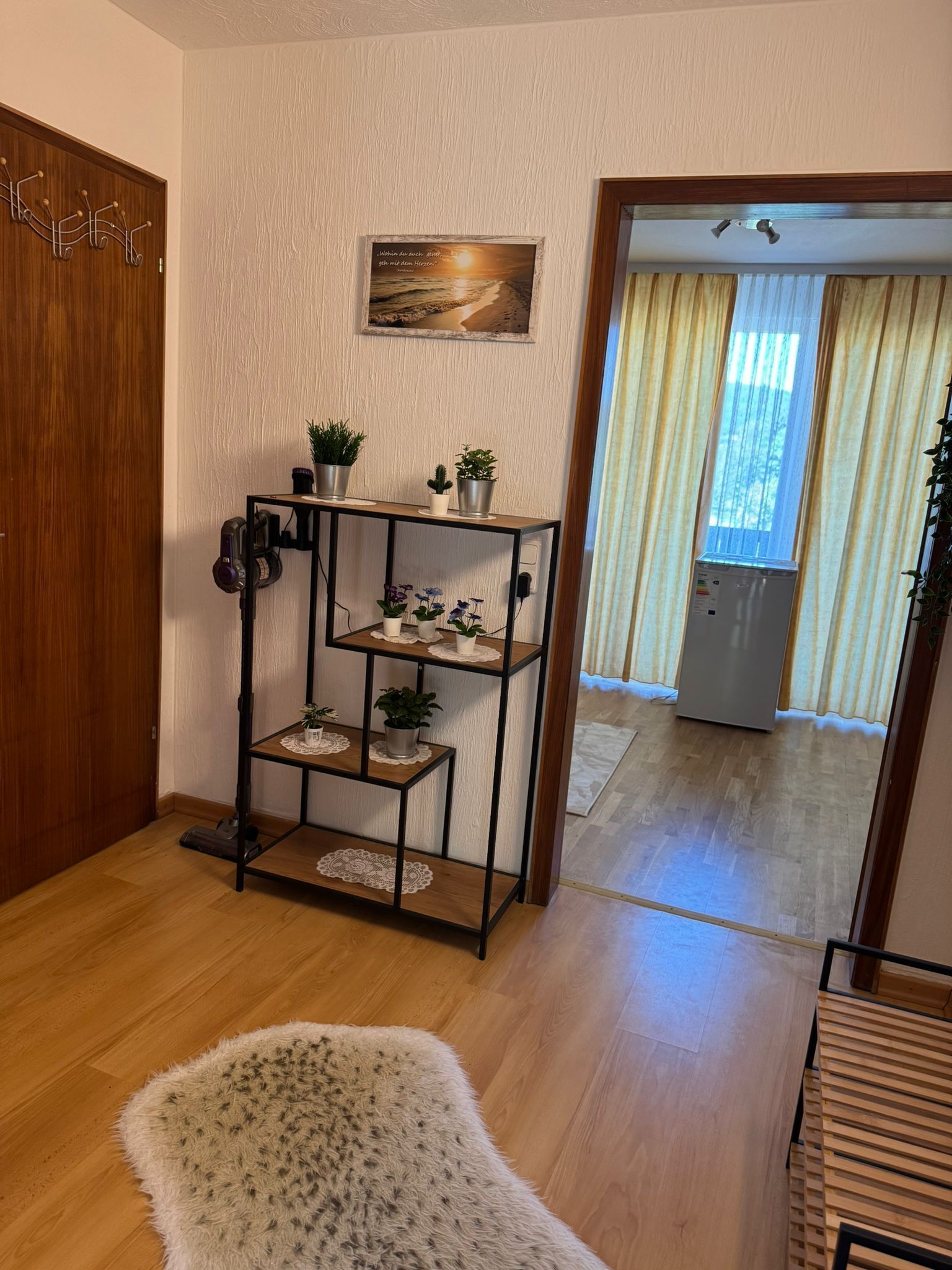A room with a wooden floor, a white furry rug, a metal shelf with plants, a painting, and a wooden door.