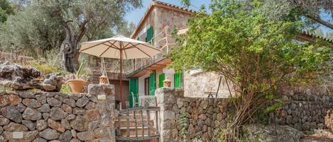 A stone-walled entrance with a gate, a potted plant, and a white umbrella.
