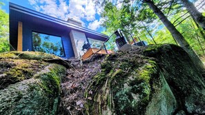 Ein modernes Haus mit großen Fenstern, umgeben von bewaldetem Gelände mit hohen Bäumen und einem moosbewachsenen Felsen.