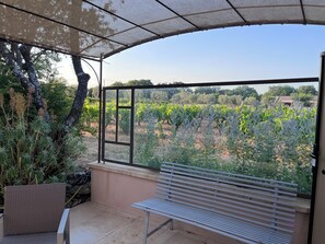 Zona d'estar a l'aire lliure coberta amb una banca, vistes a una vinya i una estructura de pèrgola.