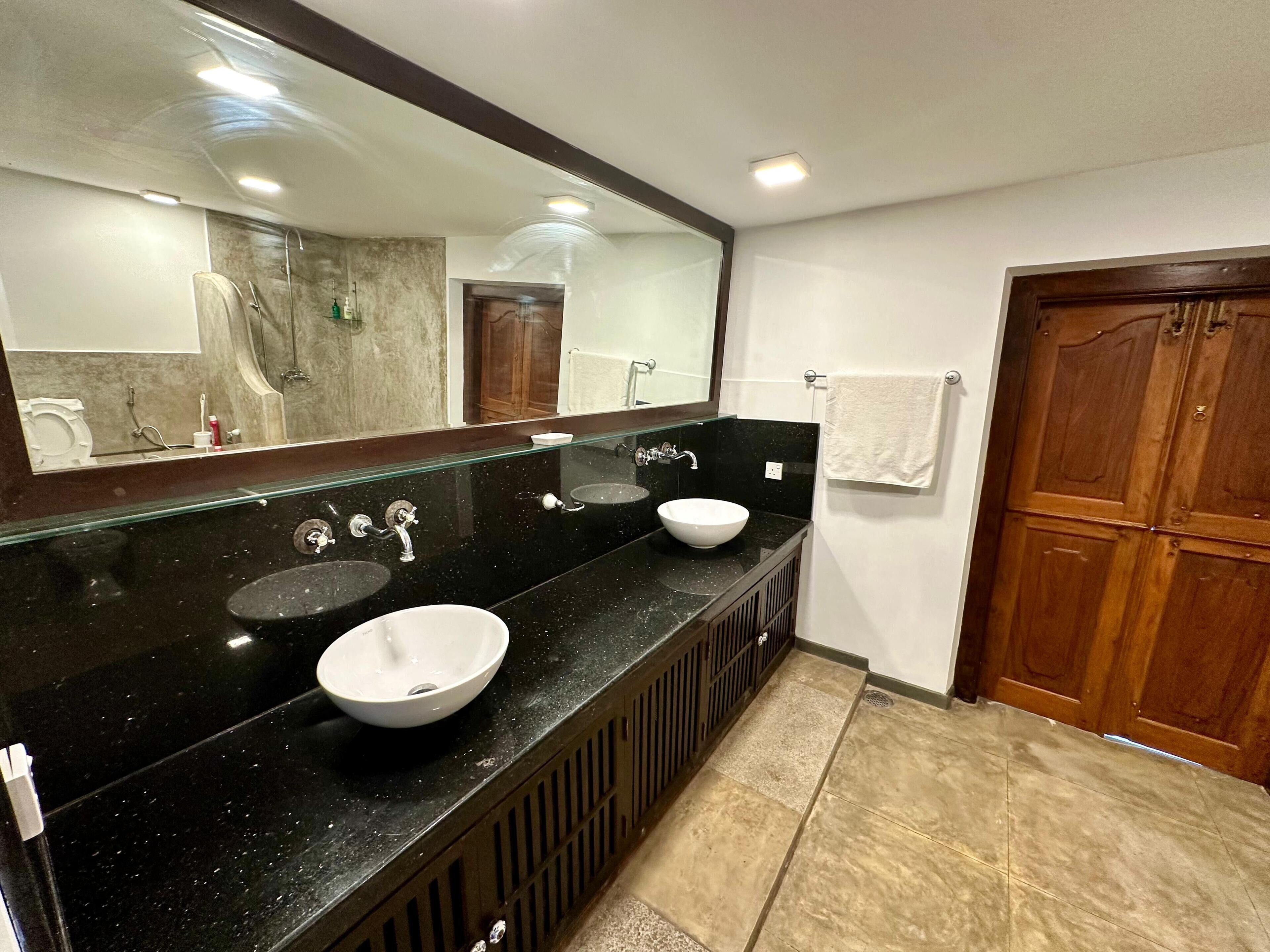 A modern bathroom with a black countertop, two sinks, a large mirror, and a wooden door.