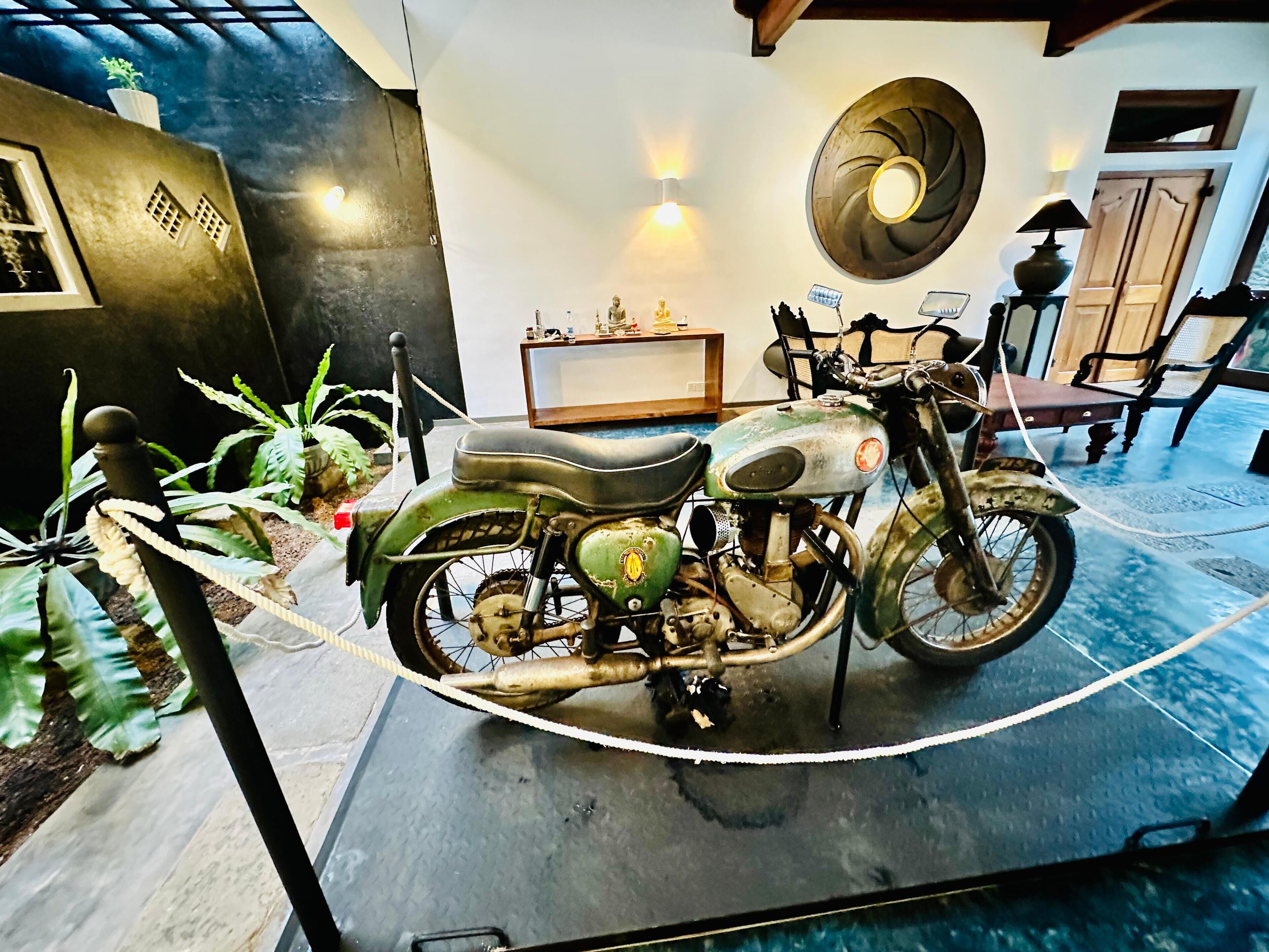A vintage motorcycle on display, surrounded by plants and a dining area with chairs and a table.