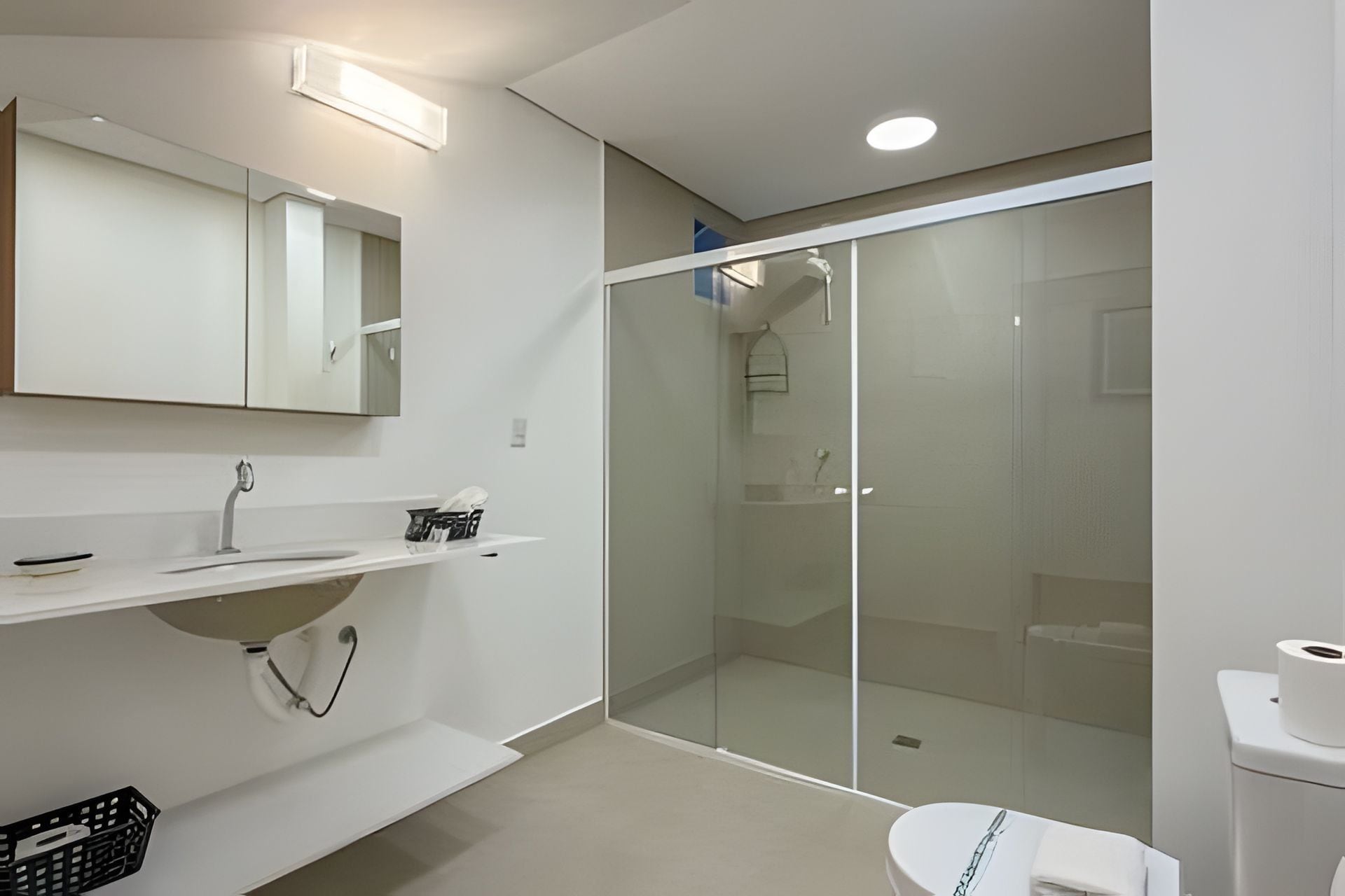 A modern bathroom with a glass shower enclosure, a toilet, and a sink with a mirror above.