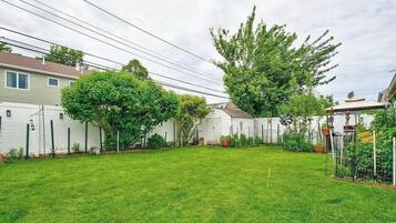 Un jardin arrière d’une maison, avec une pelouse bien entretenue, un grand arbre et une clôture.