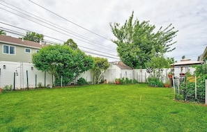 Un patio trasero residencial con césped cuidado, un árbol grande y una valla.