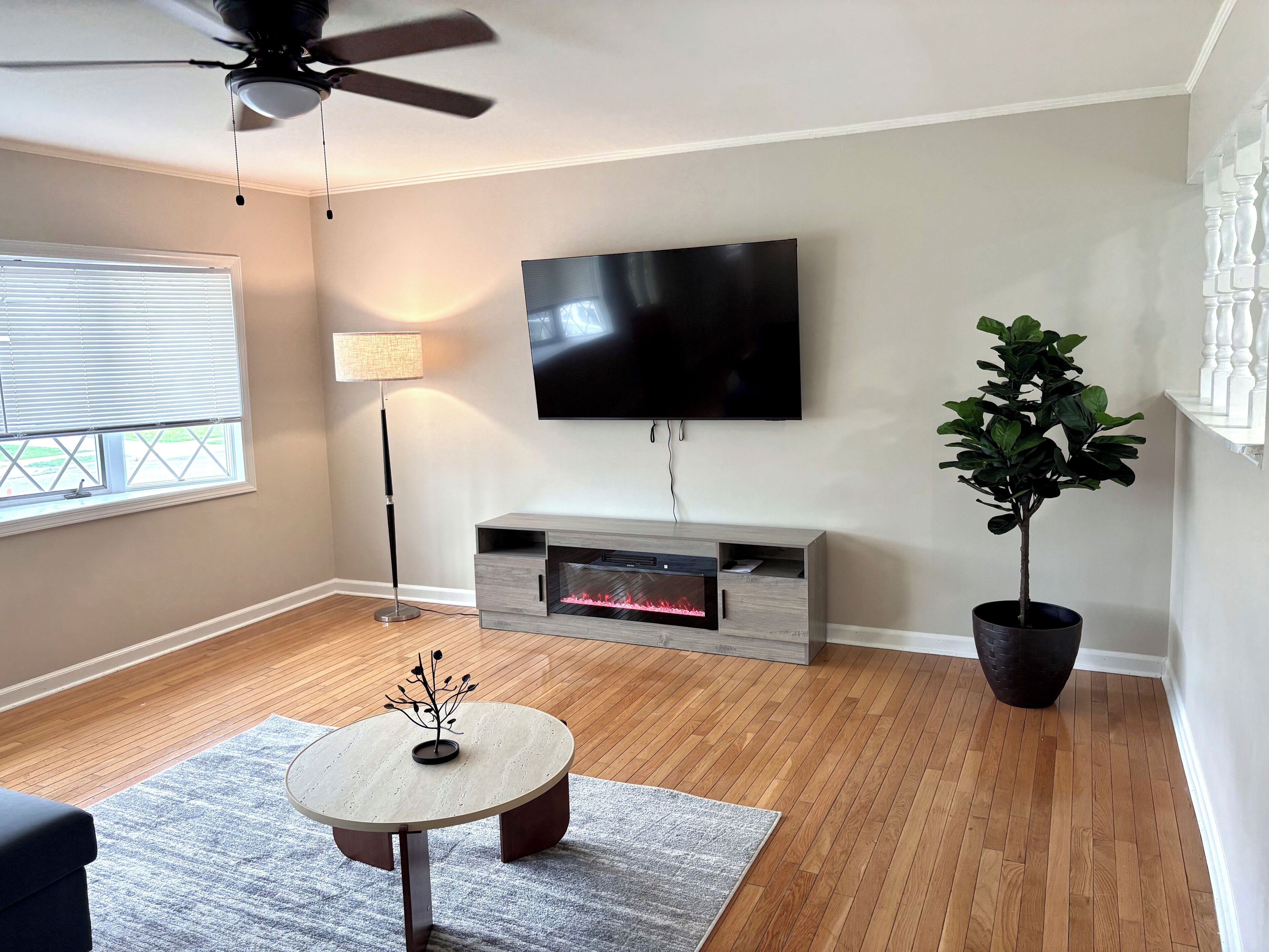 A modern living room with a flat-screen TV, a ceiling fan, a floor lamp, a fireplace, a round coffee table, and a potted plant.