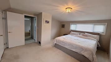 Une chambre à coucher avec un grand lit, un luminaire au plafond, une fenêtre avec des stores et une porte donnant sur une autre pièce.