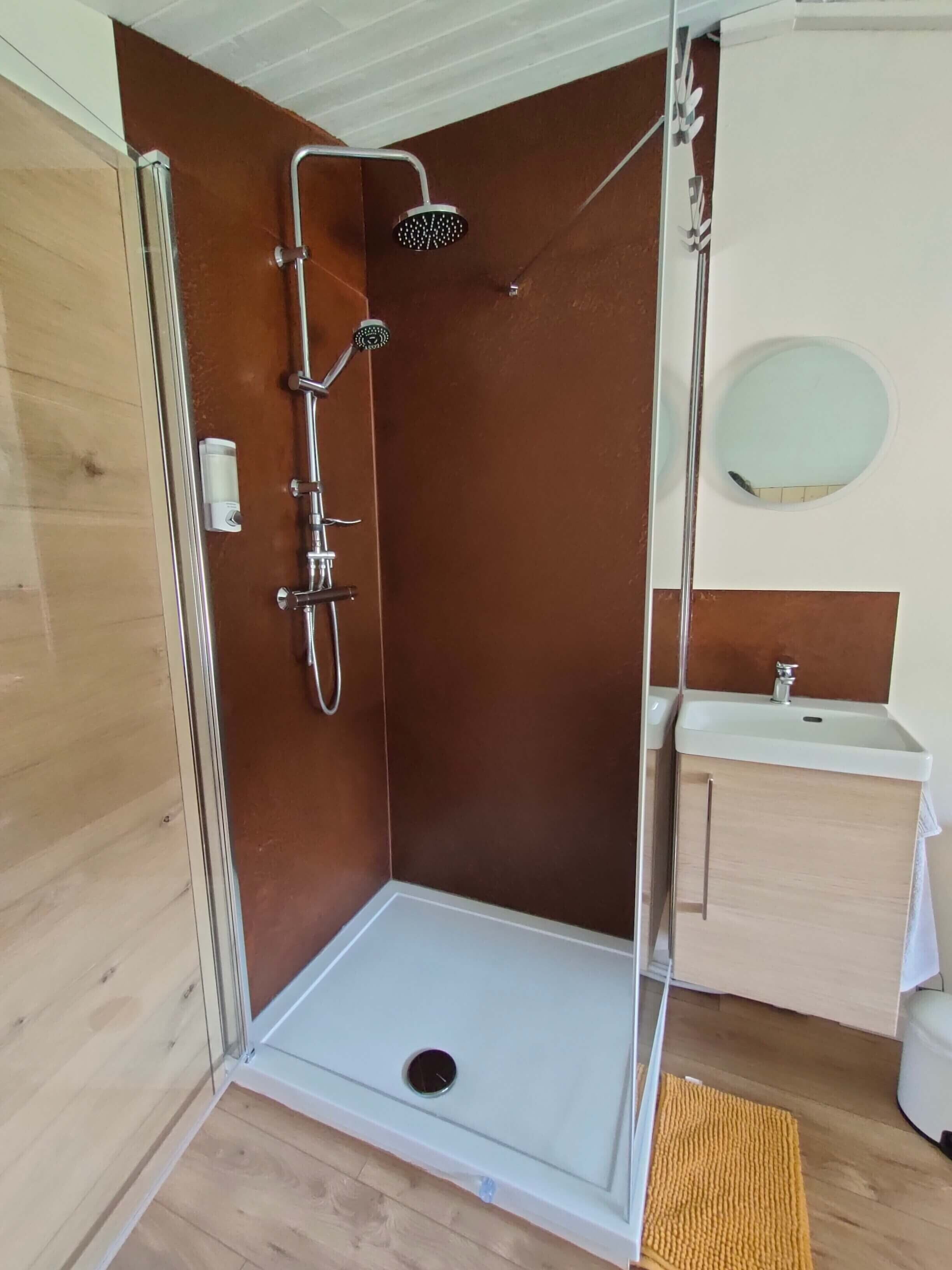A shower with a glass door, a white sink, and a mirror.
