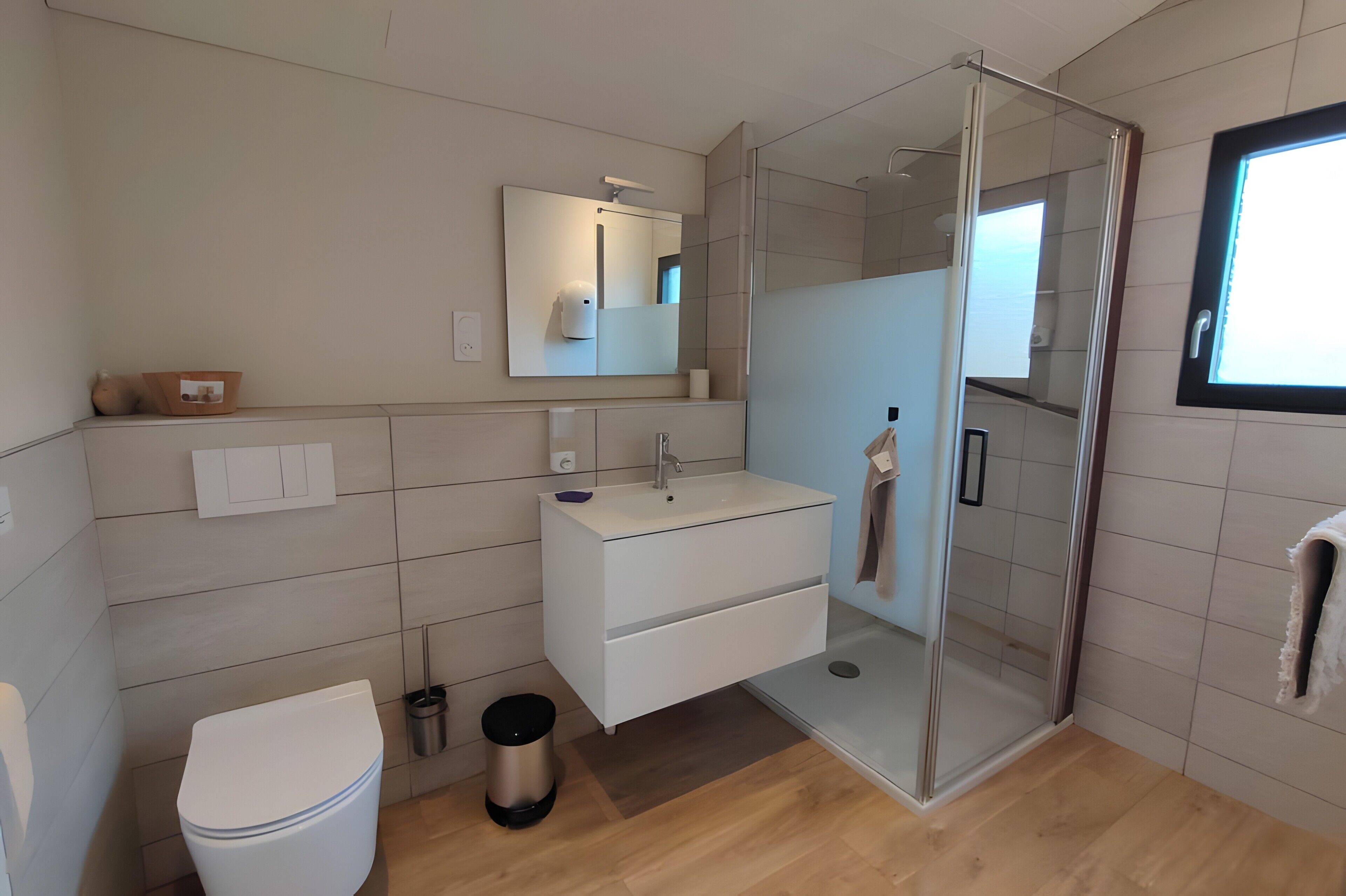 A modern bathroom with a glass shower enclosure, a white sink, and a toilet.
