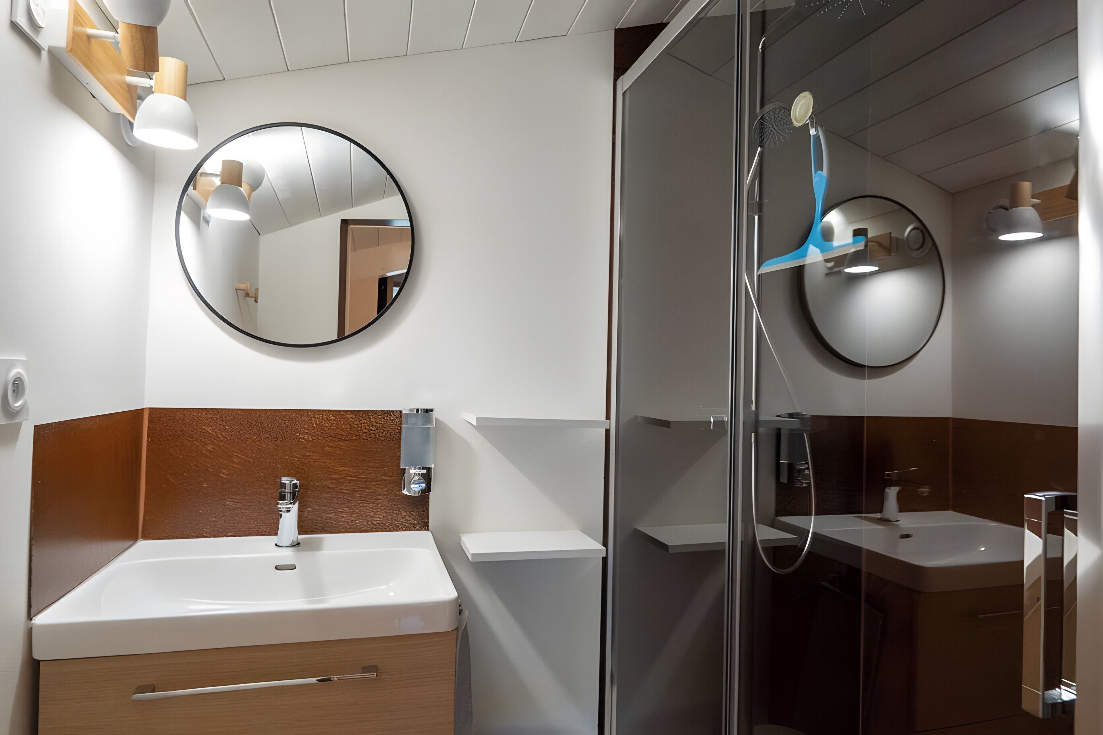 A modern bathroom with a white sink, wooden vanity, a round mirror, and a glass shower enclosure.