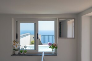 Una habitación con un ventanal amplio, una planta en maceta y un florero con flores.