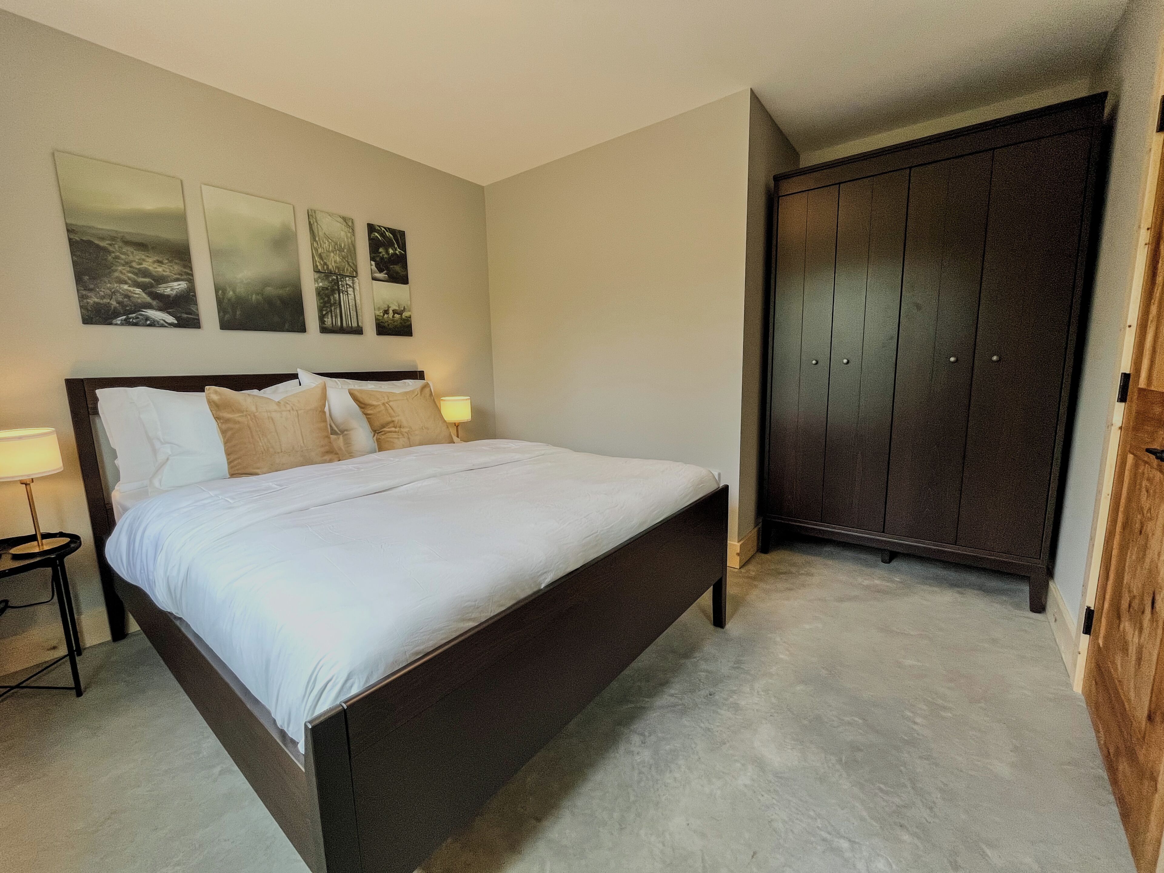 A bedroom with a bed, a nightstand, a lamp, a wardrobe, and wall art.