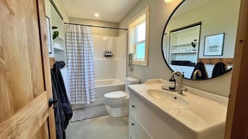 Eco-friendly toiletries, hair dryer, towels, soap