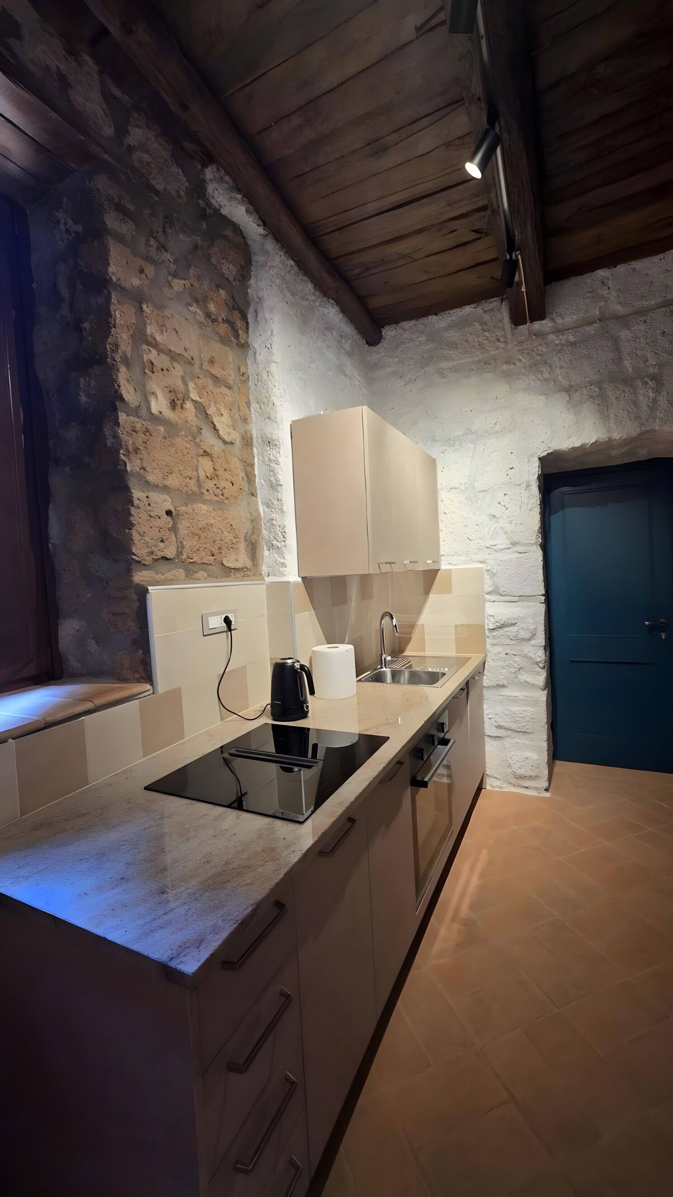 A kitchen with a stone wall, wooden ceiling, and a blue door.