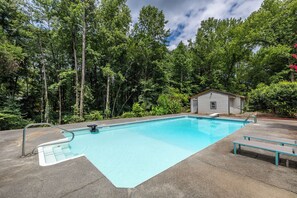 Une piscine rectangulaire dotée d’un plongeoir et d’un petit abri de jardin, située dans un espace boisé.
