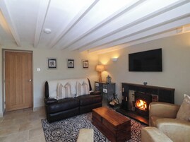 Una sala de estar con chimenea, un sofá, una mesa de centro y una televisión.