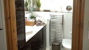 A compact bathroom with a glass shower enclosure, a white sink, a towel rack, and a toilet. - Moss Retreat Sleeps 2, Balcony/garden/parking/pubs (Nantwich)