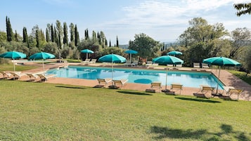 Piscina rectangular con un deck perimetral, equipada con múltiples sillas de descanso y sombrillas.